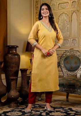 Yellow Embroidered Silk Blend Salwar Kameez With Dupatta