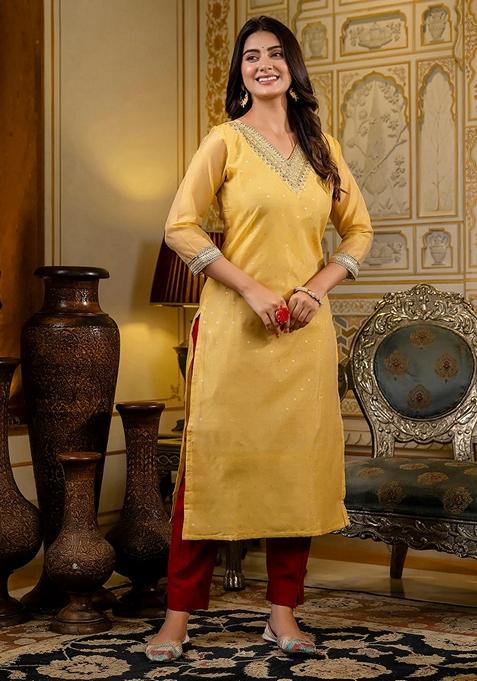 Yellow Embroidered Silk Straight Kurta Set