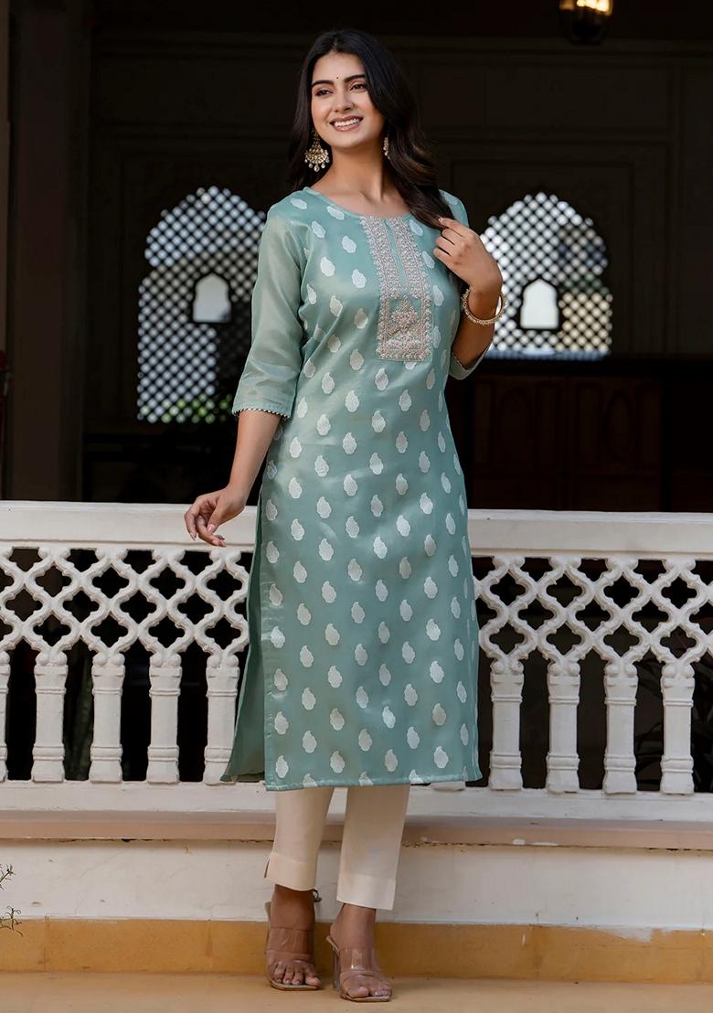 Green Embroidered Silk Blend Salwar Kameez With Dupatta