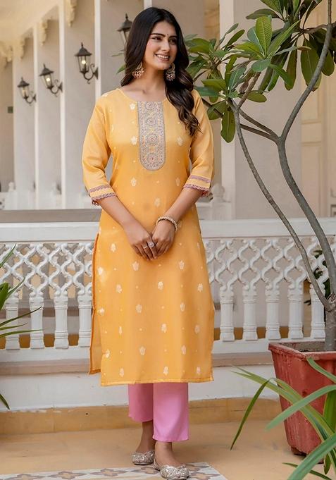 Yellow Embroidered Silk Straight Kurta Set