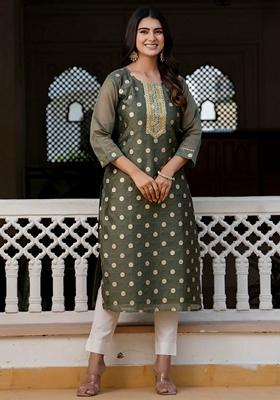 Green Embroidered Silk Blend Salwar Kameez With Dupatta