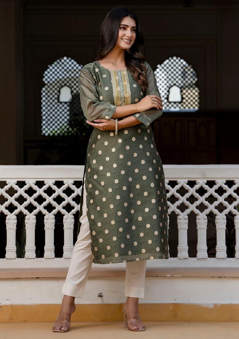 Green Embroidered Silk Blend Salwar Kameez With Dupatta