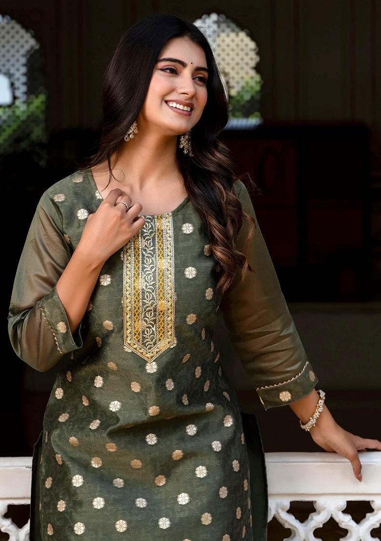 Green Embroidered Silk Blend Salwar Kameez With Dupatta