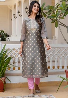 Grey Embroidered Silk Blend Salwar Kameez With Dupatta