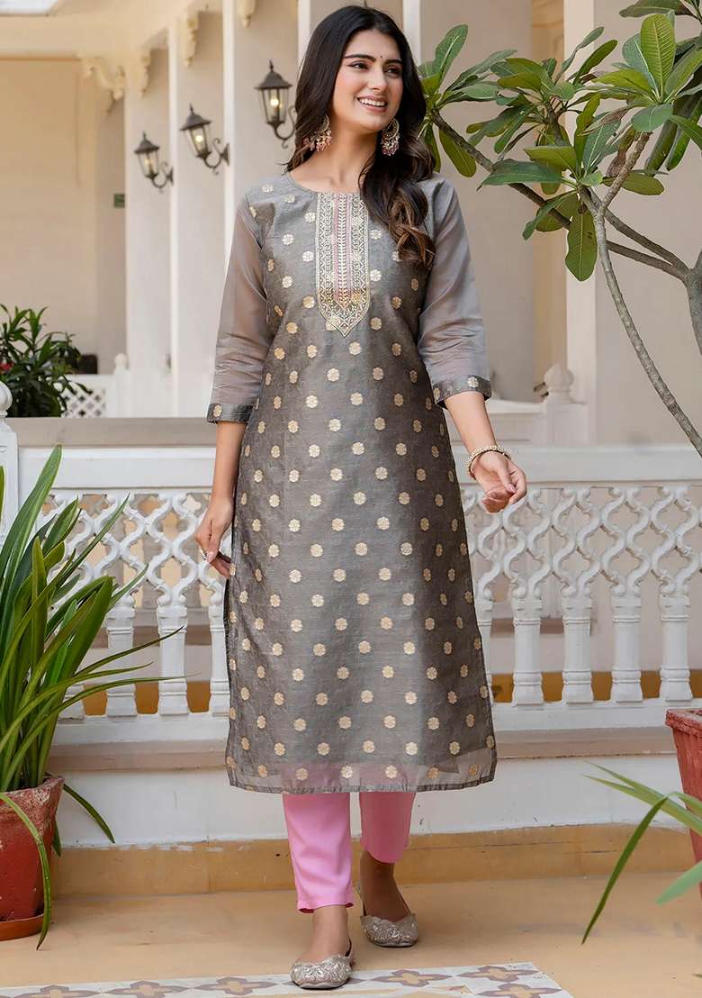 Grey Jacquard Silk Blend Straight Kurta Set - Indya