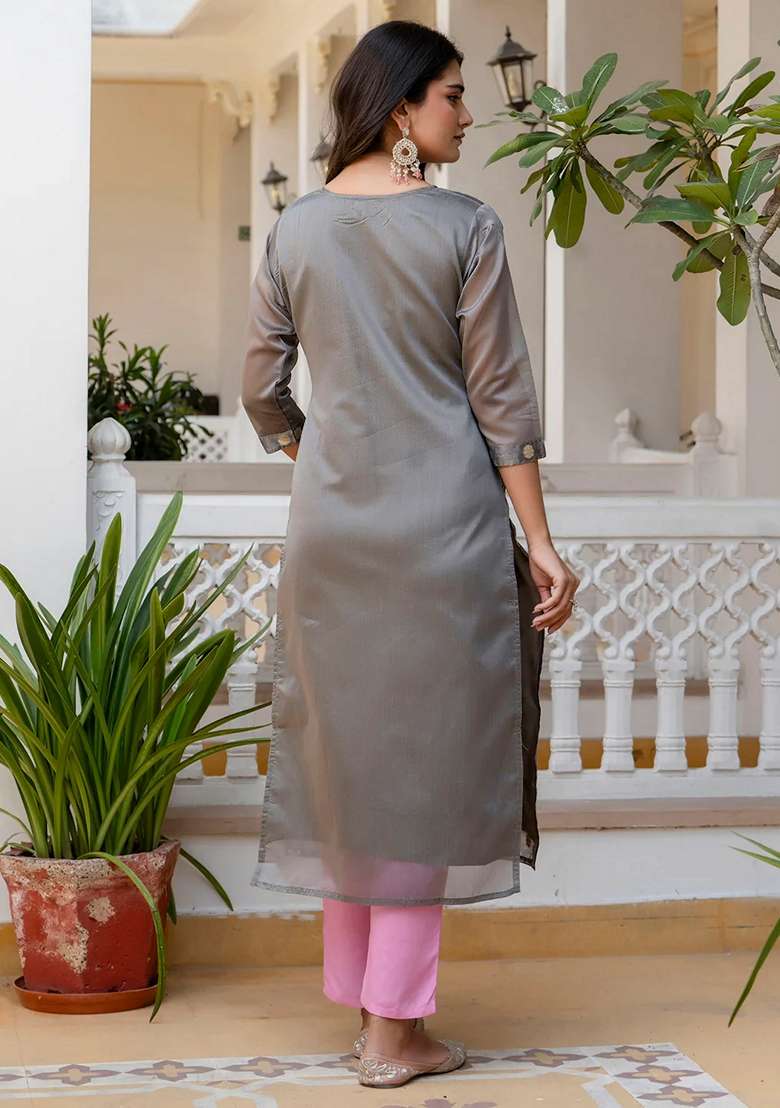 Grey Jacquard Silk Blend Straight Kurta Set - Indya