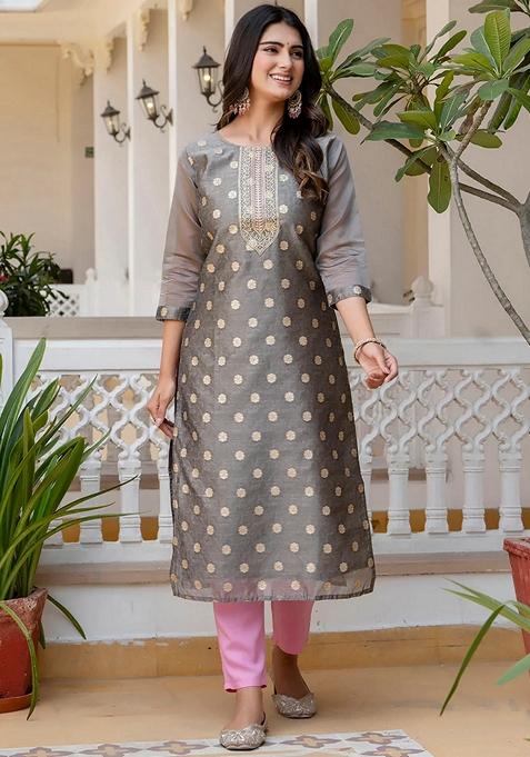 Grey Embroidered Silk Blend Salwar Kameez With Dupatta