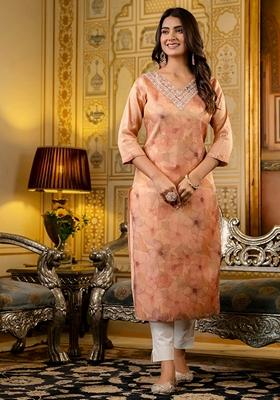 Peach Embroidered Silk Blend Salwar Kameez With Dupatta