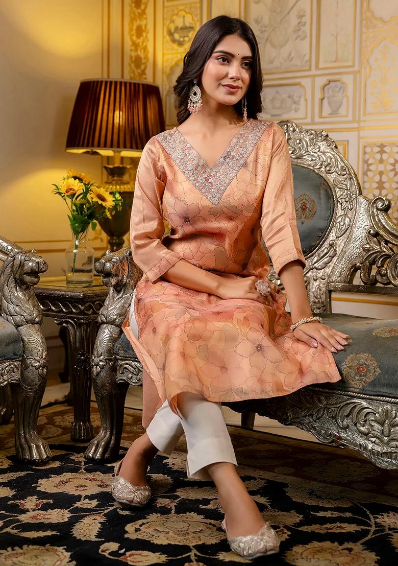 Peach Embroidered Silk Blend Salwar Kameez With Dupatta