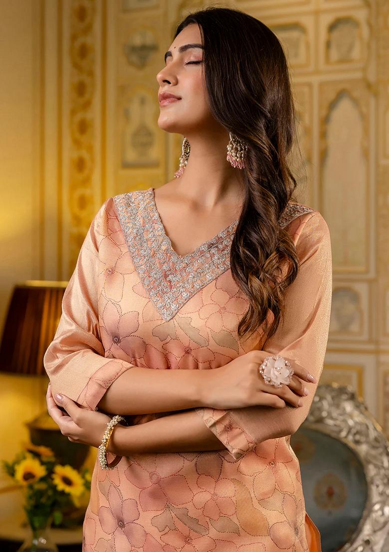 Peach Embroidered Silk Blend Salwar Kameez With Dupatta