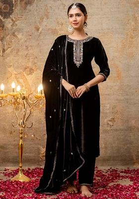 Black Embroidered Velvet Salwar Kameez With Dupatta