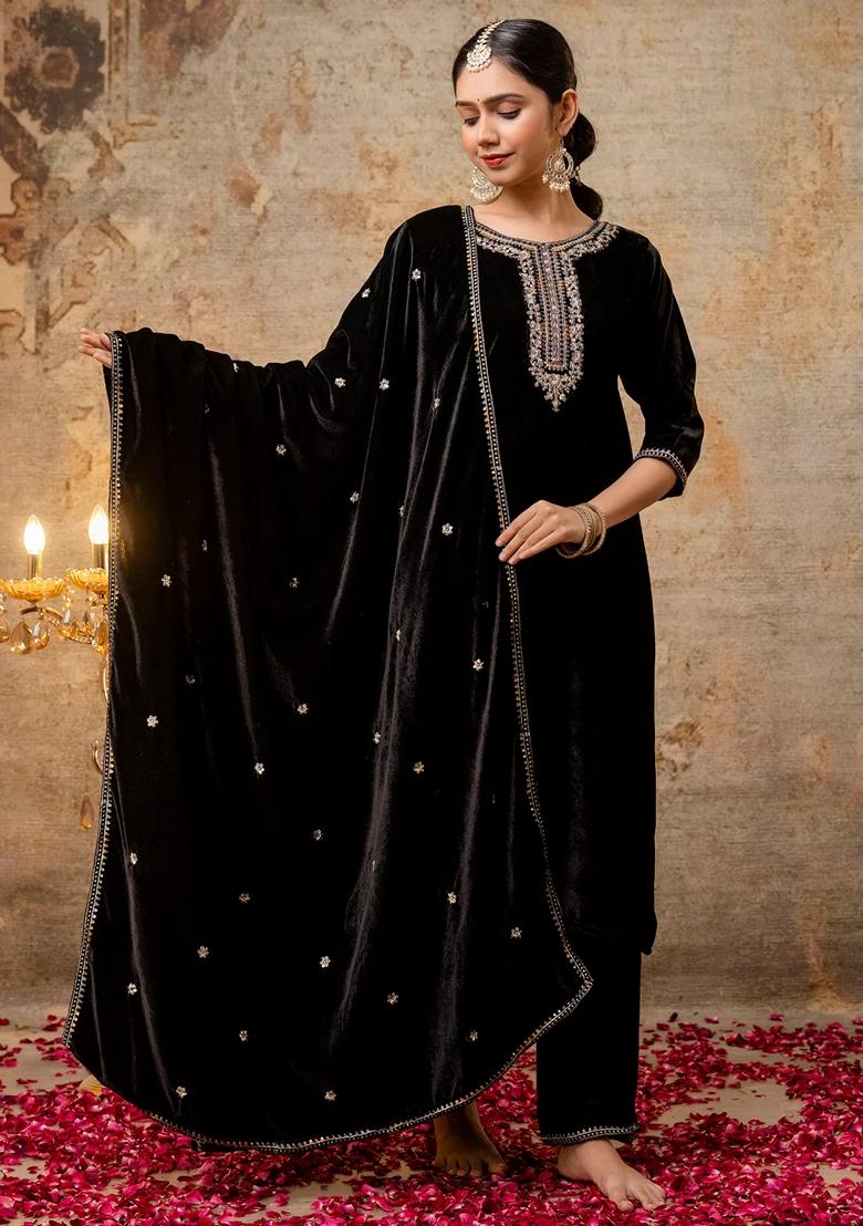 Black Embroidered Velvet Salwar Kameez With Dupatta
