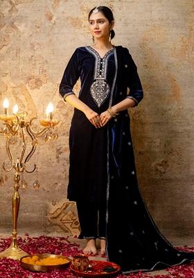 Blue Embroidered Velvet Salwar Kameez With Dupatta