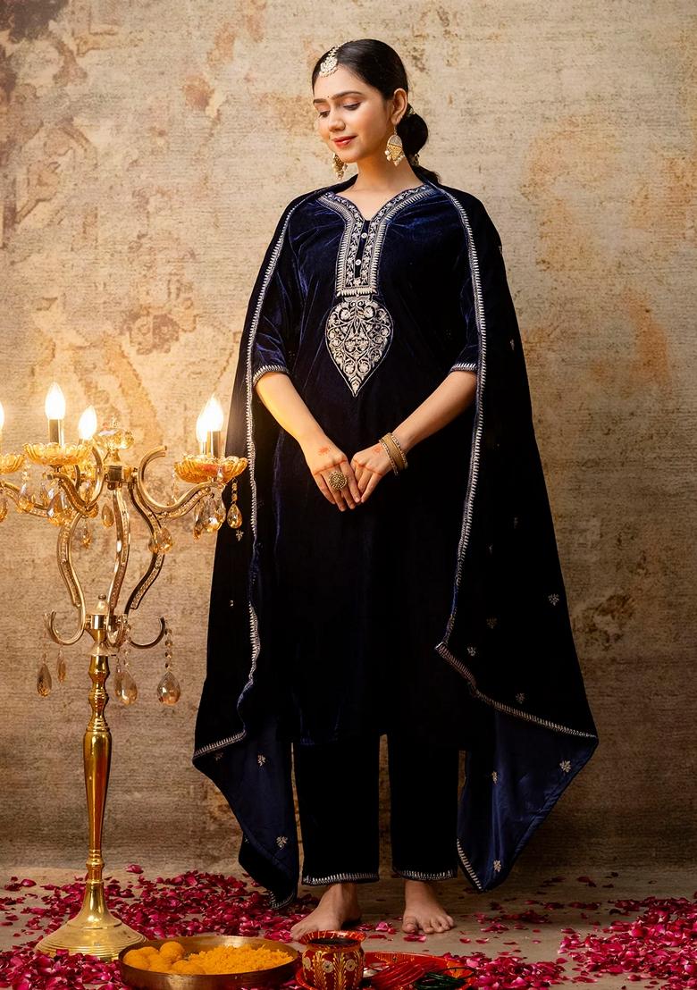 Blue Embroidered Velvet Salwar Kameez With Dupatta