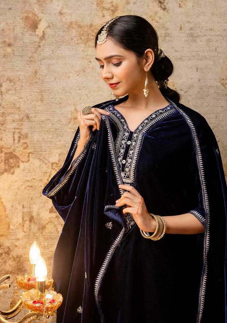 Blue Embroidered Velvet Salwar Kameez With Dupatta