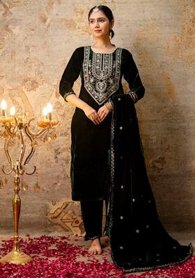 Green Embroidered Velvet Salwar Kameez With Dupatta