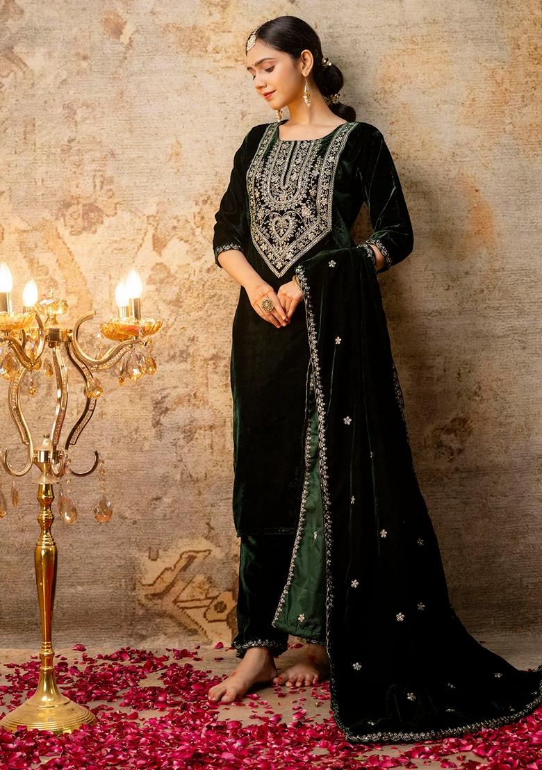 Green Embroidered Velvet Salwar Kameez With Dupatta