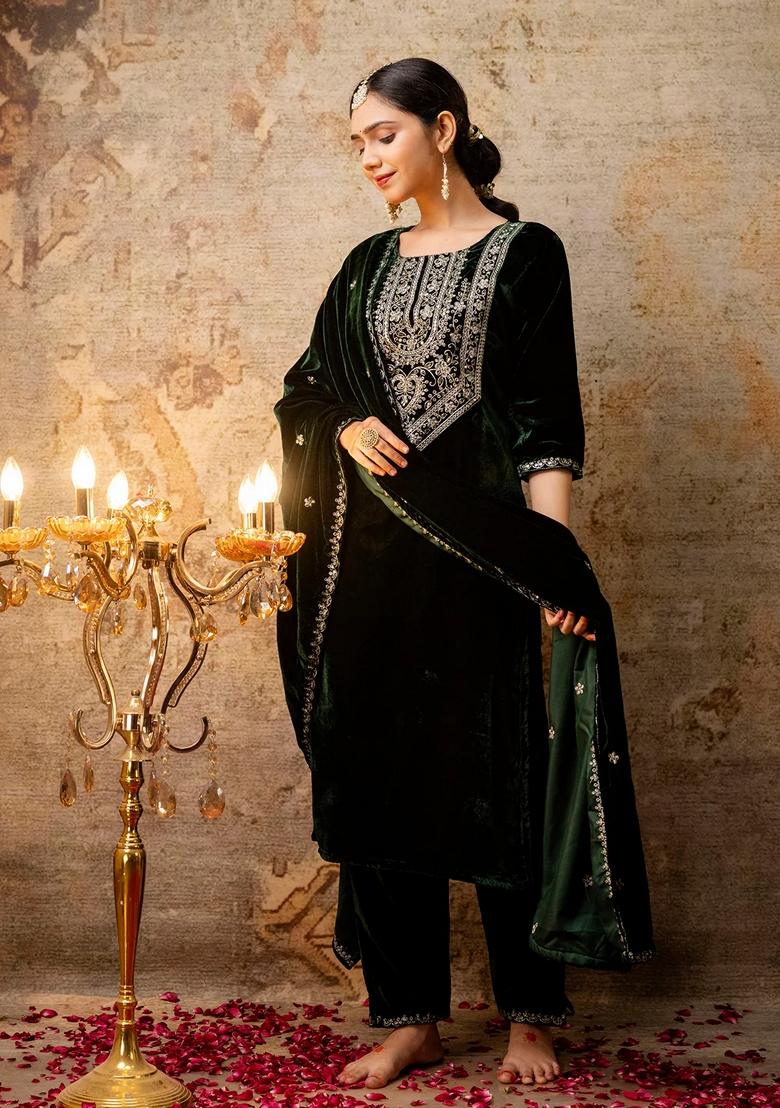 Green Embroidered Velvet Salwar Kameez With Dupatta