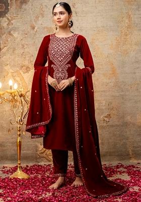 Maroon Embroidered Velvet Salwar Kameez With Dupatta