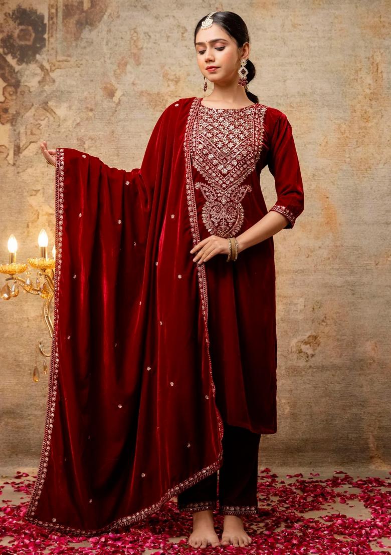Maroon Embroidered Velvet Salwar Kameez With Dupatta