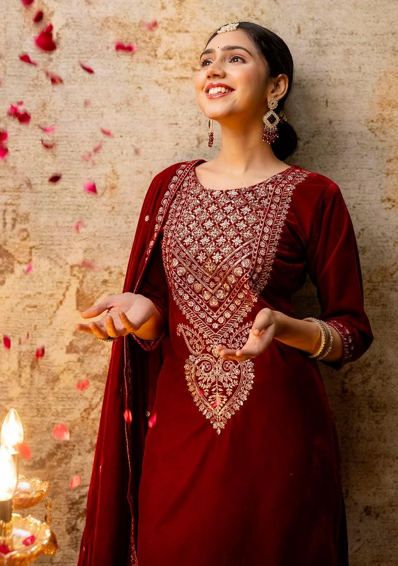 Maroon Embroidered Velvet Salwar Kameez With Dupatta