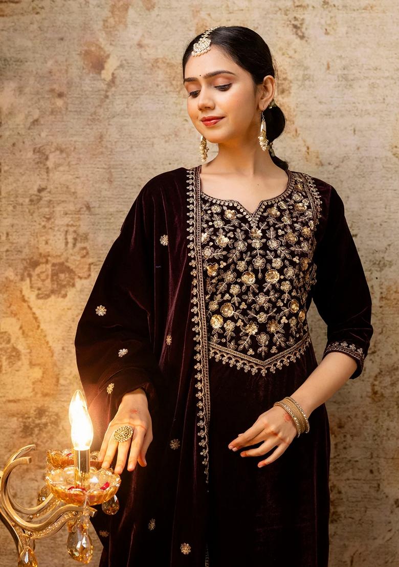 Purple Embroidered Velvet Salwar Kameez With Dupatta