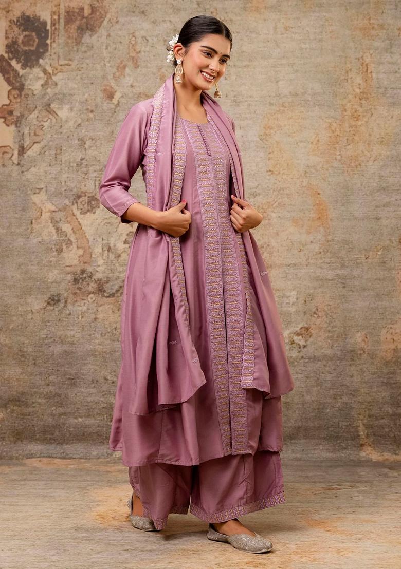 Lavender Embroidered Silk Blend Salwar Kameez With Dupatta