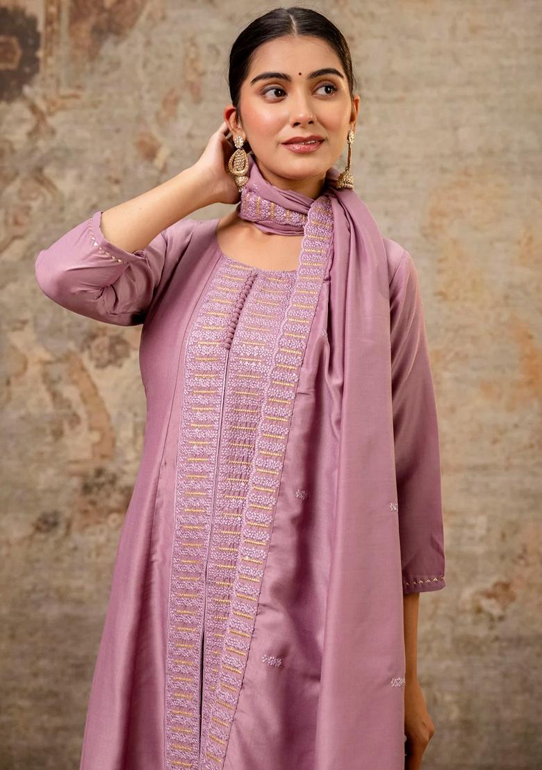 Lavender Embroidered Silk Blend Salwar Kameez With Dupatta