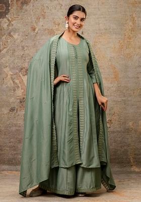 Pista Green Embroidered Silk Blend Salwar Kameez With Dupatta