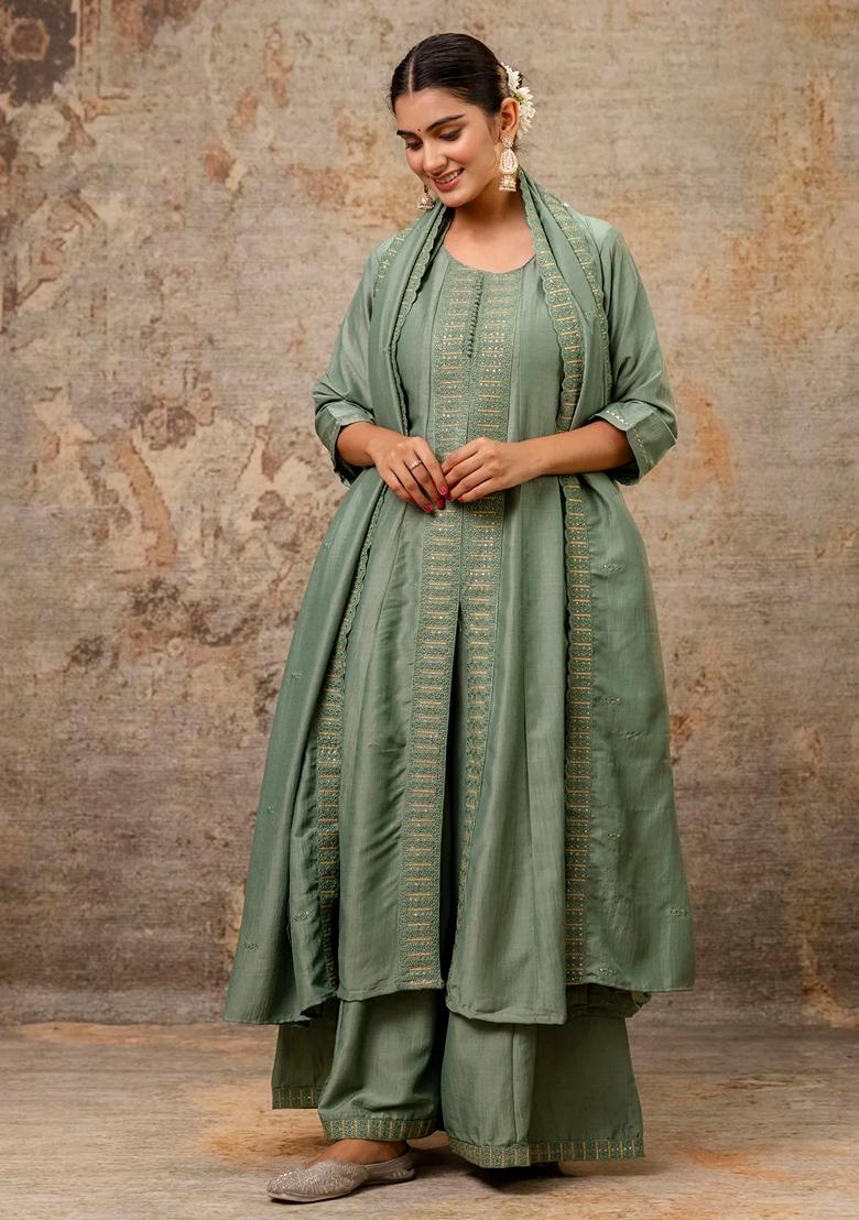 Pista Green Embroidered Silk Blend Salwar Kameez With Dupatta
