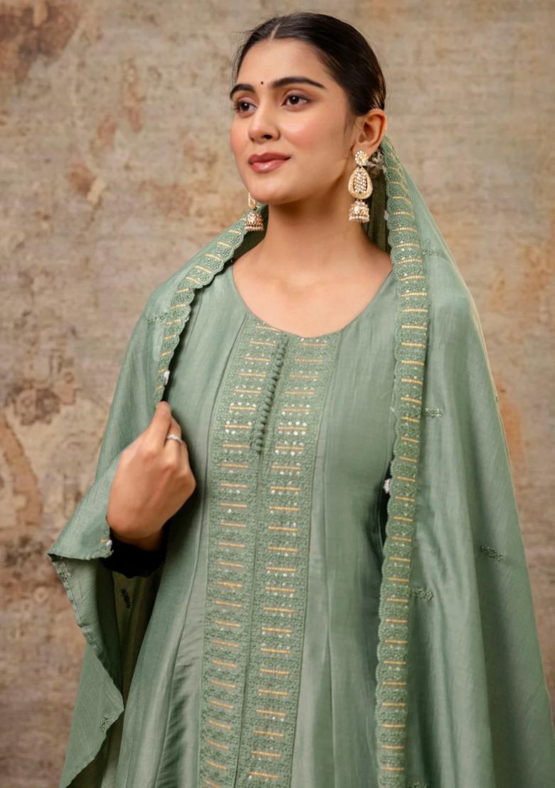 Pista Green Embroidered Silk Blend Salwar Kameez With Dupatta