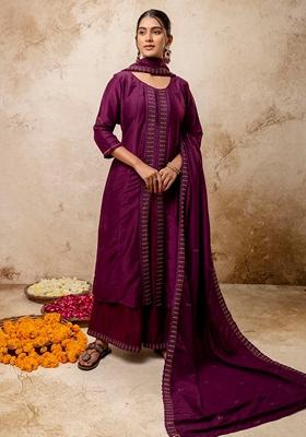 Purple Embroidered Silk Blend Salwar Kameez With Dupatta
