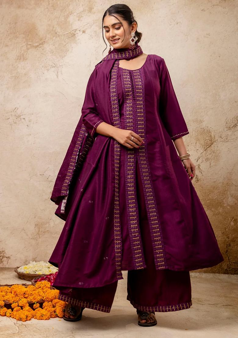 Purple Embroidered Silk Blend Salwar Kameez With Dupatta