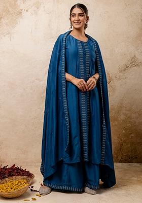 Teal Blue Embroidered Silk Blend Salwar Kameez With Dupatta