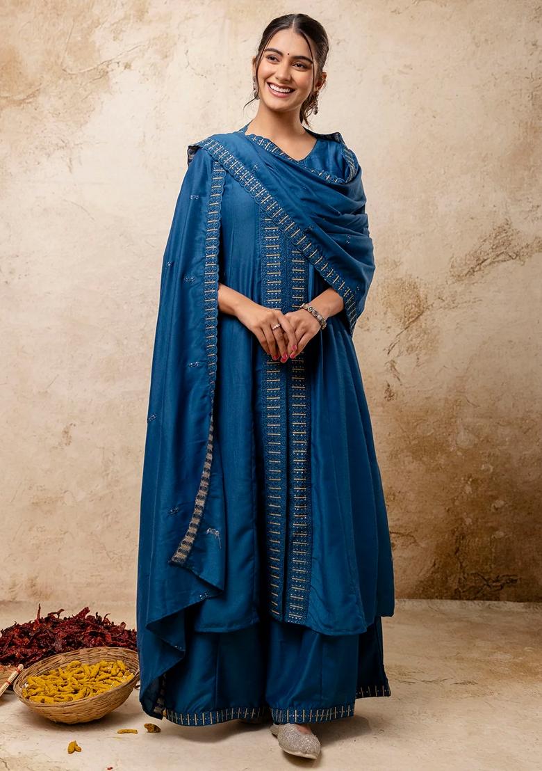 Teal Blue Embroidered Silk Blend Salwar Kameez With Dupatta