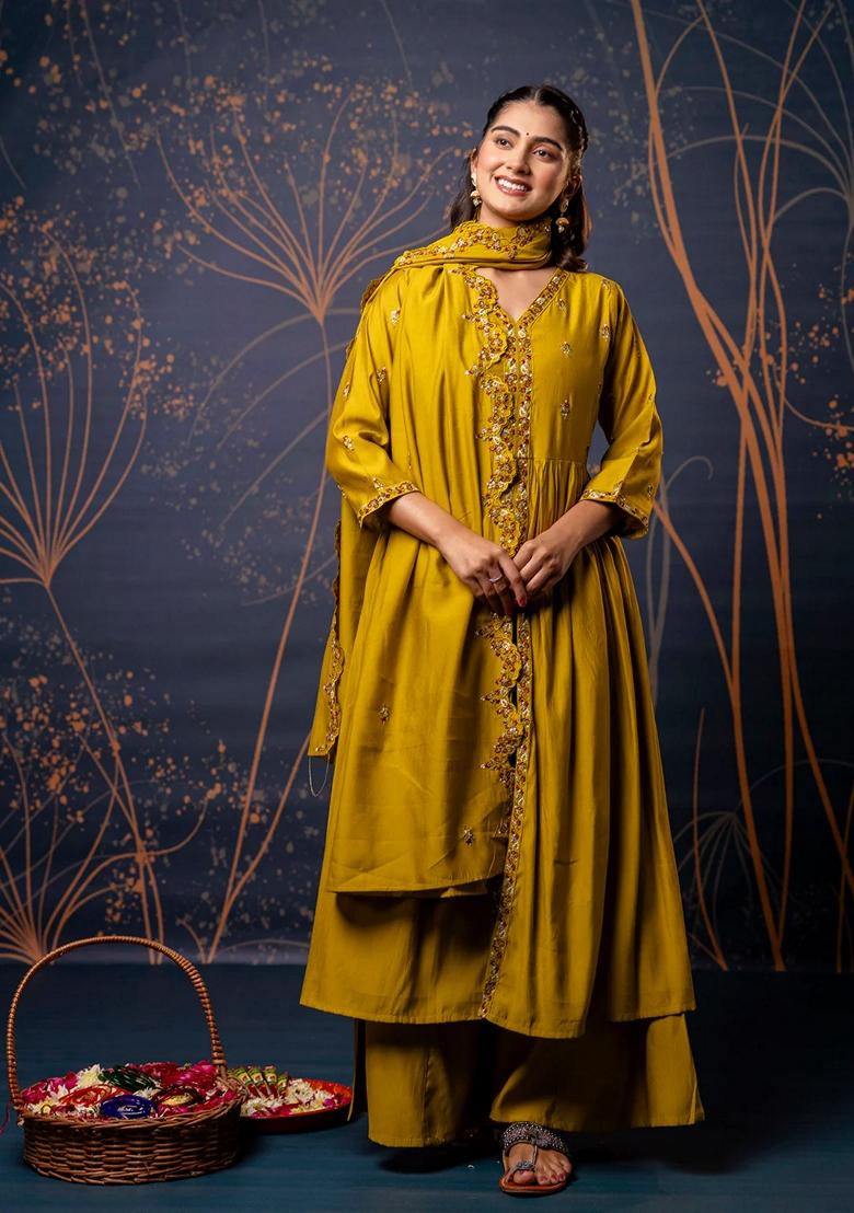 Mustard Yellow Embroidered Silk Blend Salwar Kameez With Dupatta