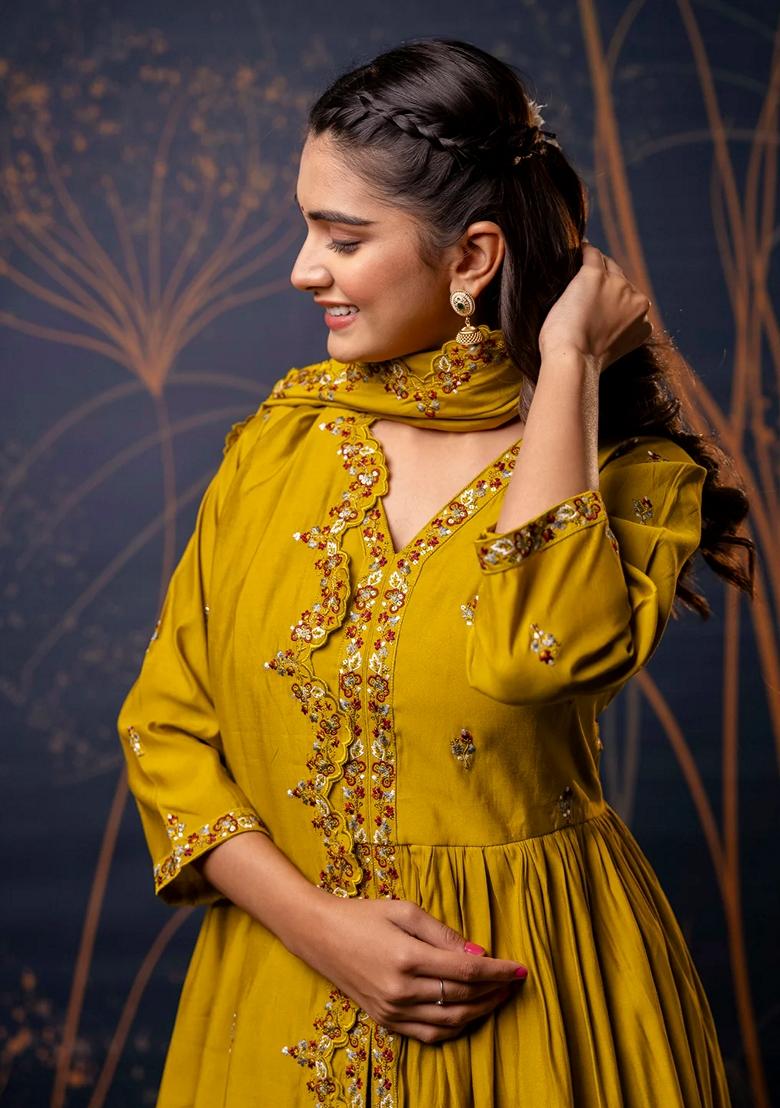 Mustard Yellow Embroidered Silk Blend Salwar Kameez With Dupatta