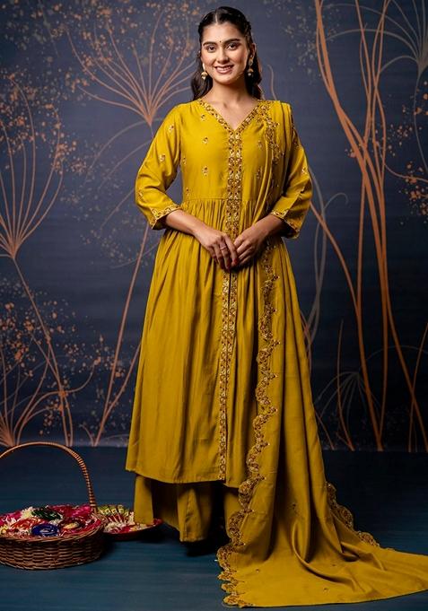 Mustard Yellow Embroidered Silk Blend Salwar Kameez With Dupatta