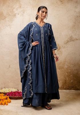 Teal Blue Embroidered Silk Blend Salwar Kameez With Dupatta