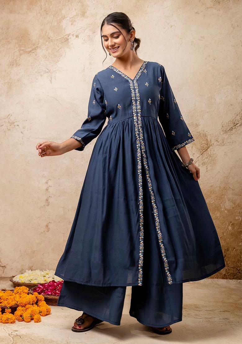 Teal Blue Embroidered Silk Blend Salwar Kameez With Dupatta