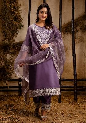 Lavender Embroidered Silk Blend Salwar Kameez With Dupatta