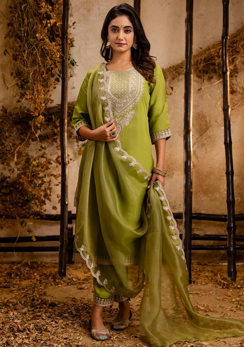Pista Green Embroidered Silk Blend Salwar Kameez With Dupatta