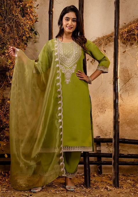 Pista Green Embroidered Silk Straight Kurta Set
