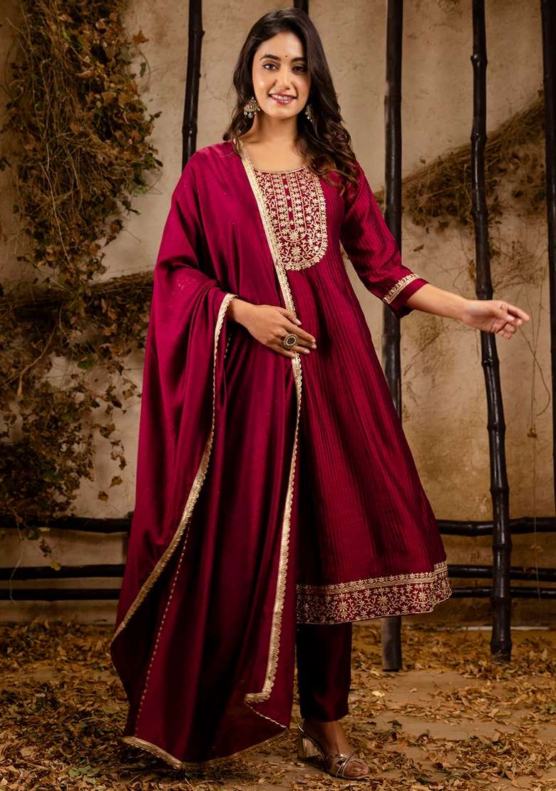 Maroon Embroidered Silk Blend Anarkali Set - Indya