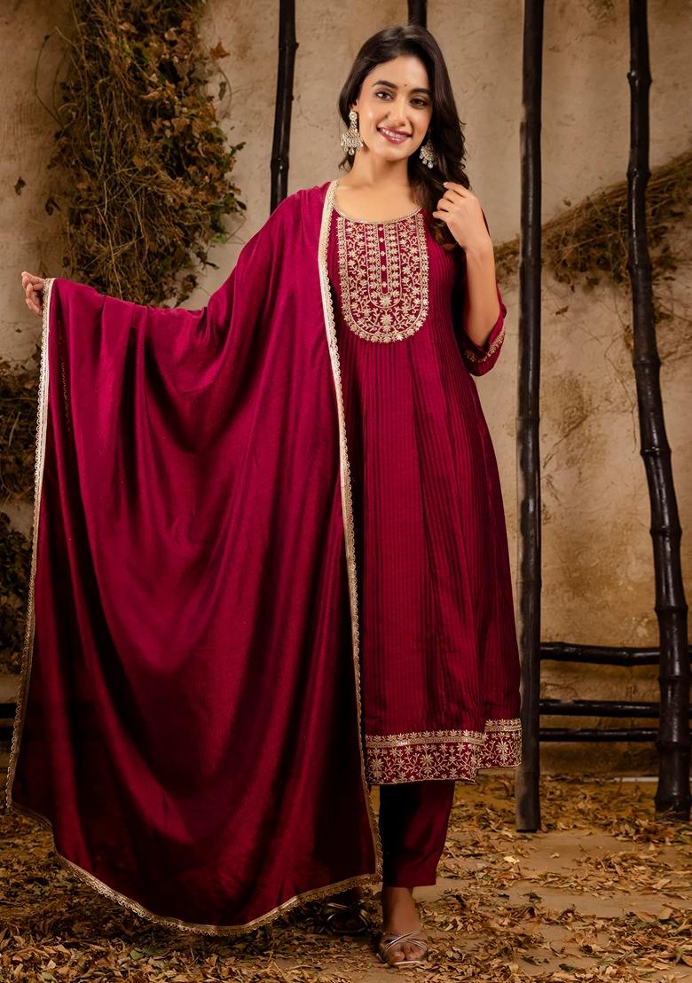 Maroon Embroidered Silk Blend Salwar Kameez With Dupatta