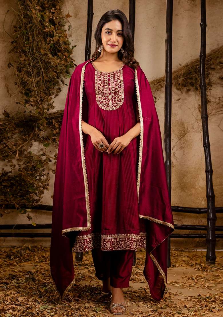 Maroon Embroidered Silk Blend Anarkali Set - Indya