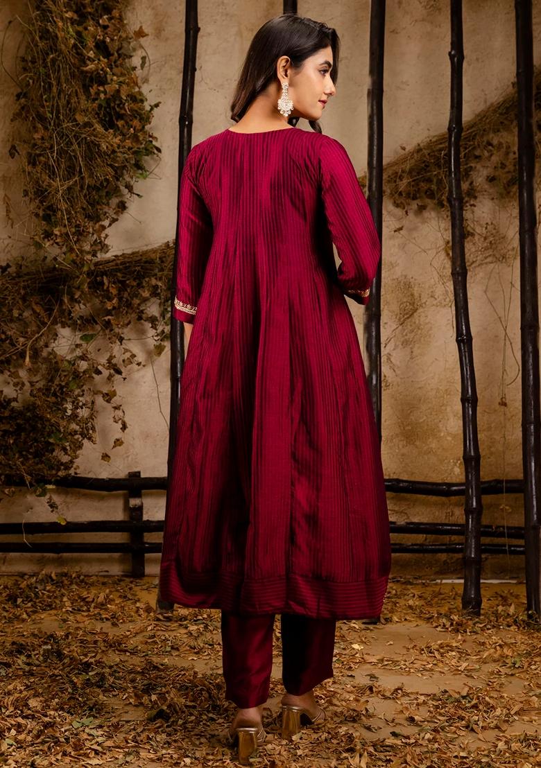 Maroon Embroidered Silk Blend Salwar Kameez With Dupatta