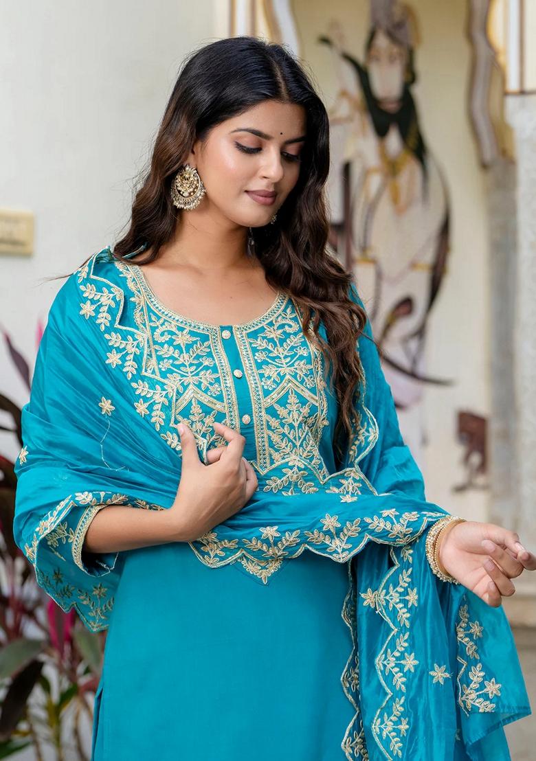 Blue Embroidered Silk Blend Salwar Kameez With Dupatta