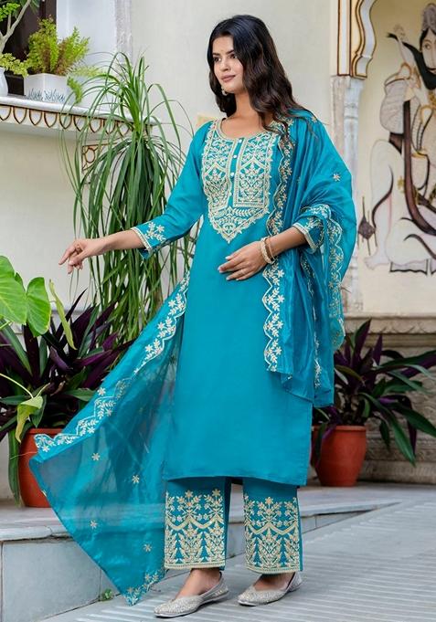 Blue Embroidered Silk Straight Kurta Set