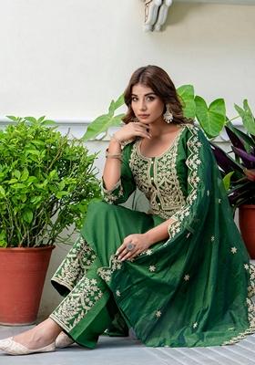 Green Embroidered Silk Blend Salwar Kameez With Dupatta